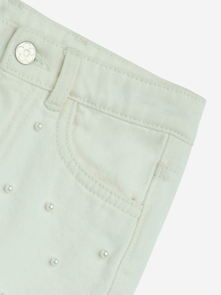 HOP Kids Off-White Pearlescent High-Rise Denim Shorts