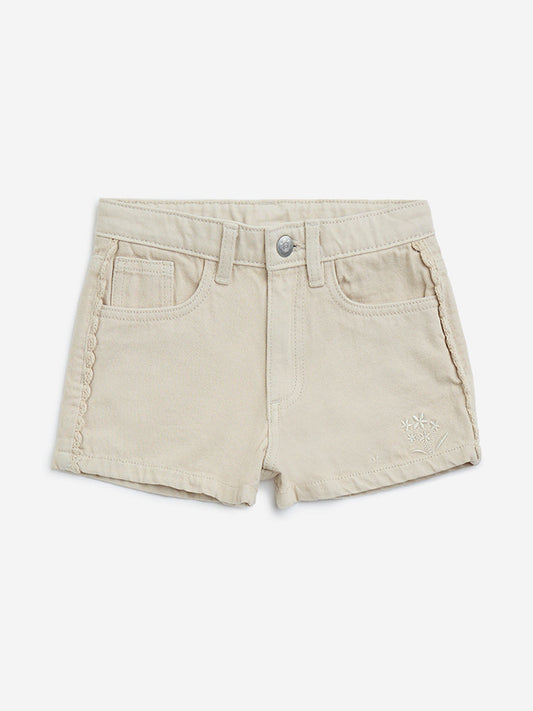 HOP Kids Beige High-Rise Denim Shorts