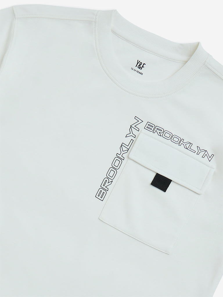 Y&F Kids White Text Design Relaxed-Fit Cotton-Blend T-Shirt