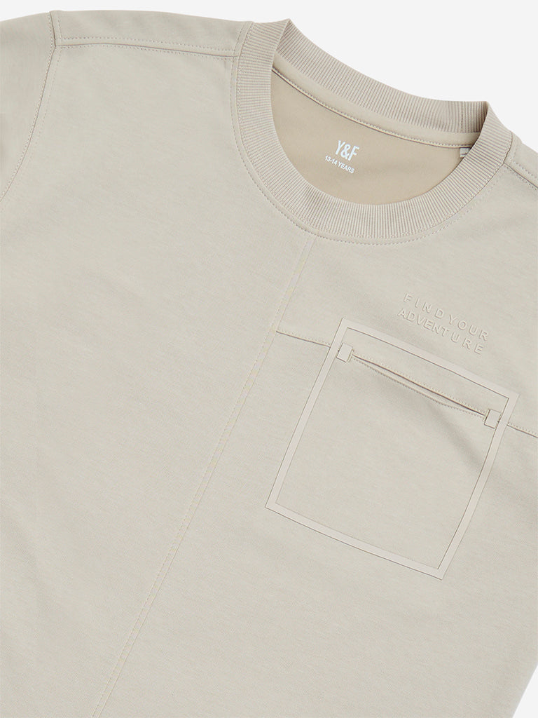 Y&F Kids Beige Relaxed-Fit Cotton-Blend T-Shirt