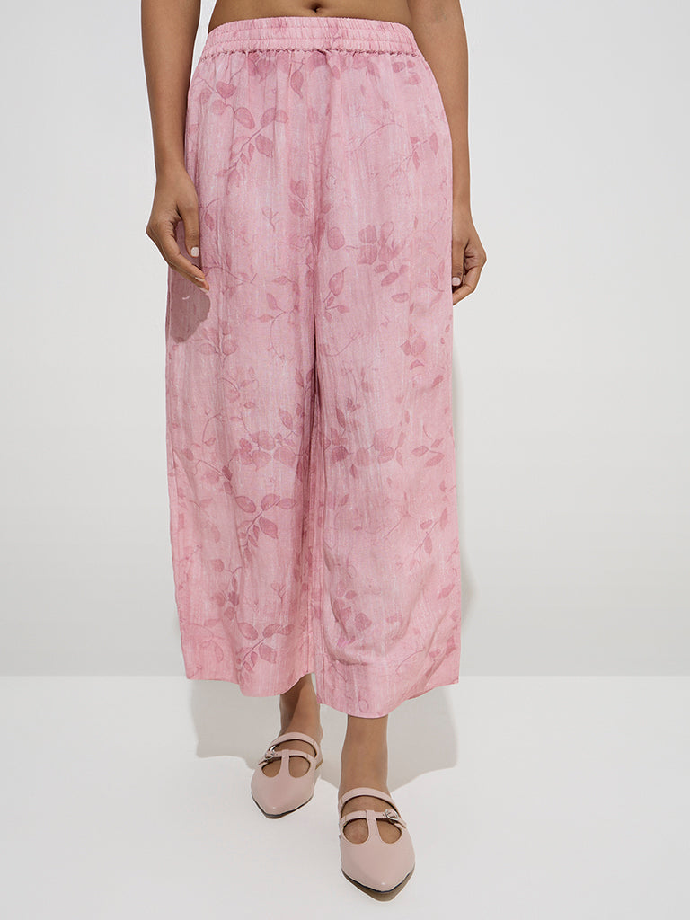 Zuba Pink Leaf Pattern Ethnic Pants