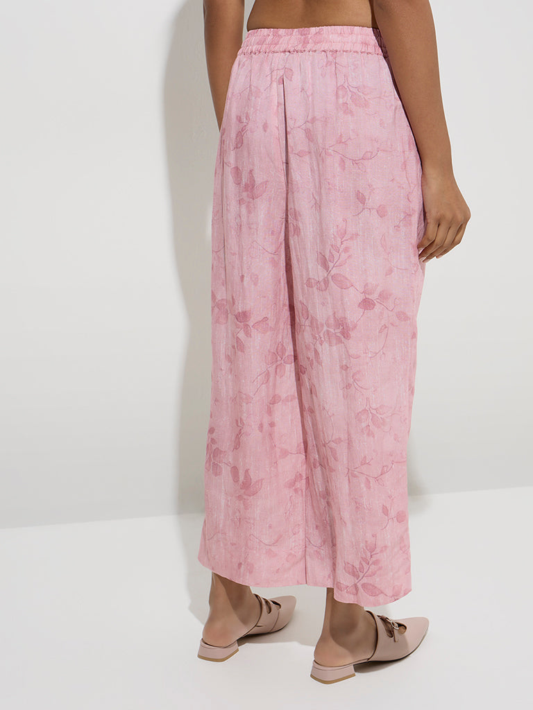 Zuba Pink Leaf Pattern Ethnic Pants