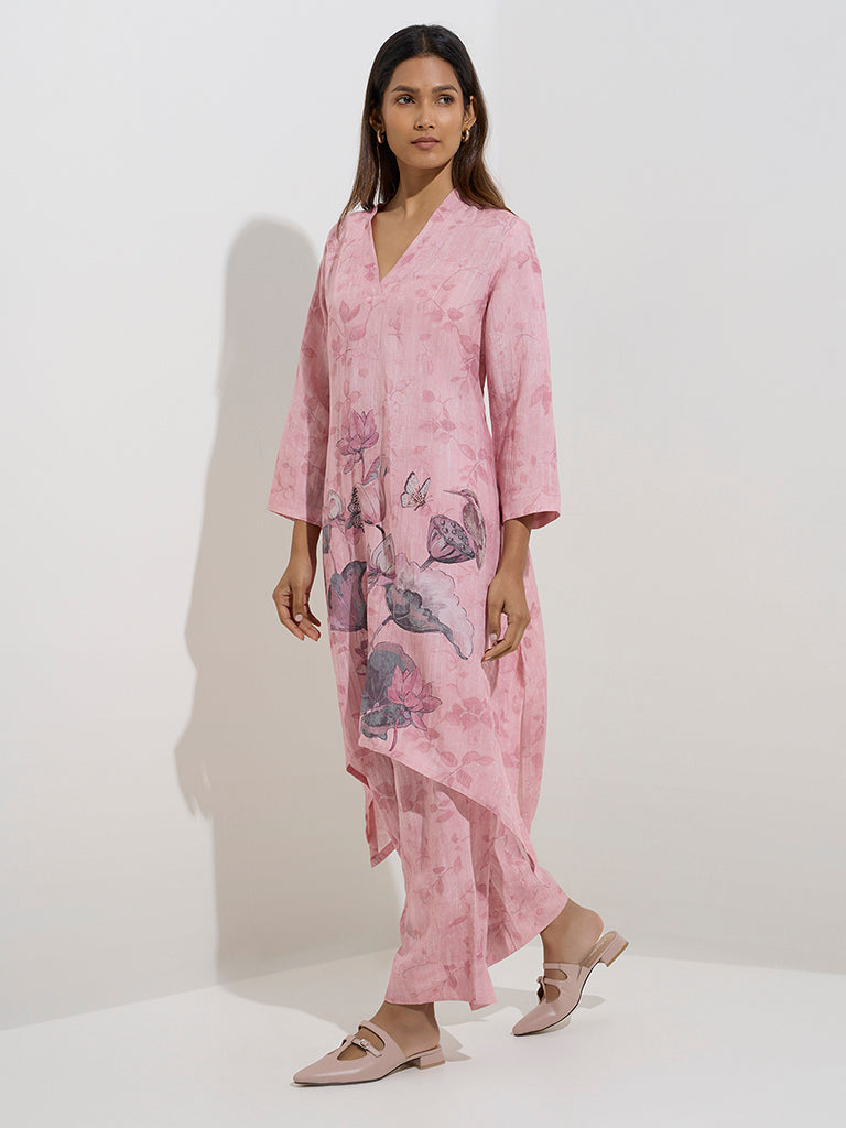 Zuba Pink Leaf Pattern Ethnic Pants