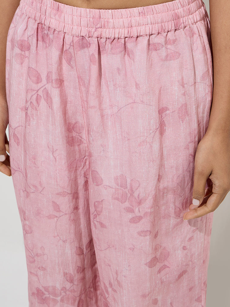 Zuba Pink Leaf Pattern Ethnic Pants