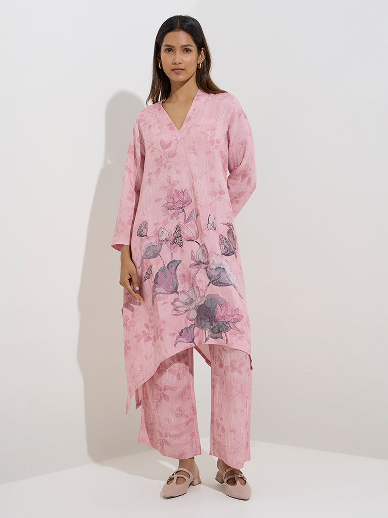 Zuba Pink Floral Design High-Low Kurta