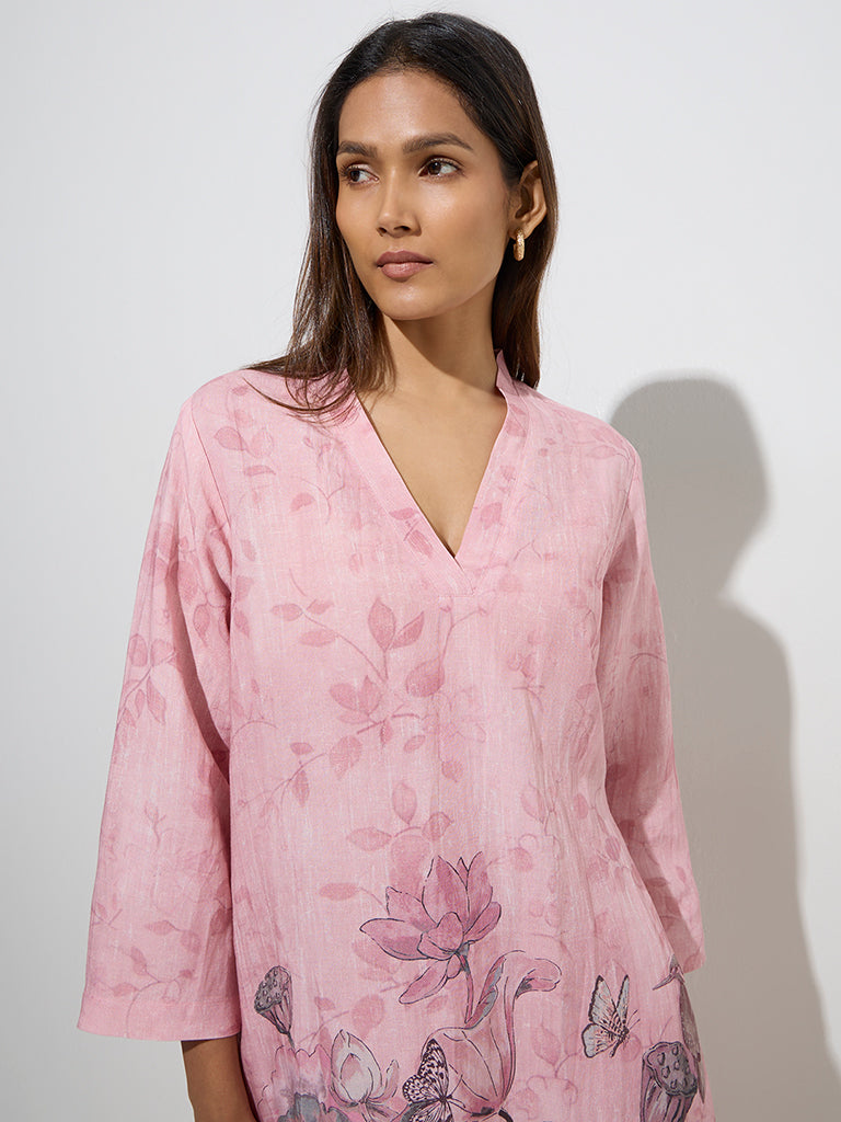 Zuba Pink Floral Design High-Low Kurta