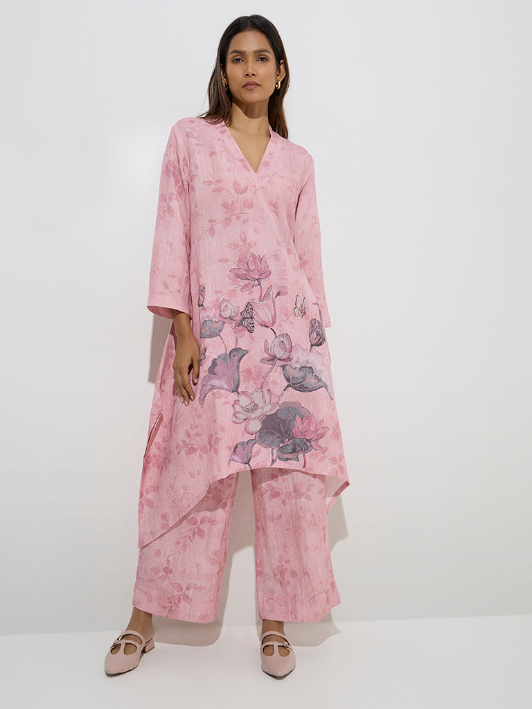 Zuba Pink Floral Design High-Low Kurta