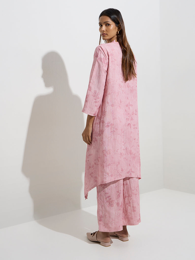 Zuba Pink Floral Design High-Low Kurta