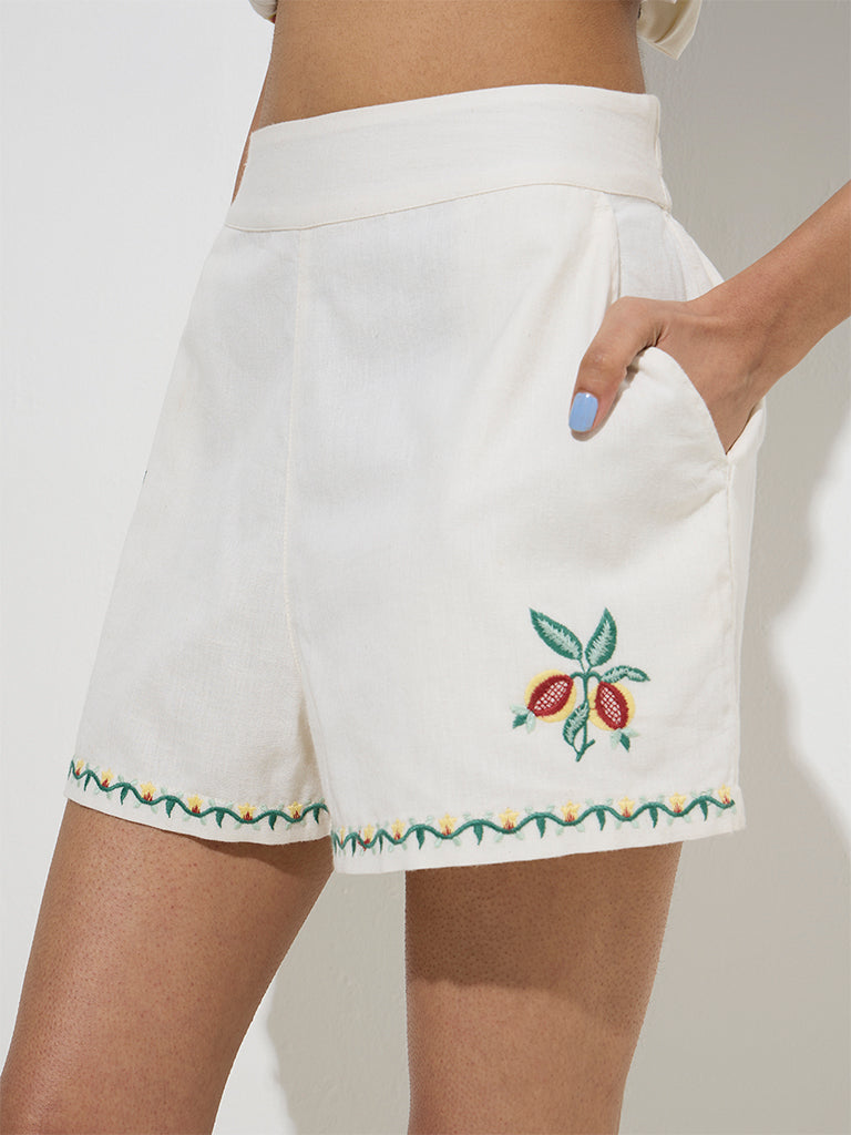 Bombay Paisley Off-White Embroidered Cotton-Blend Shorts