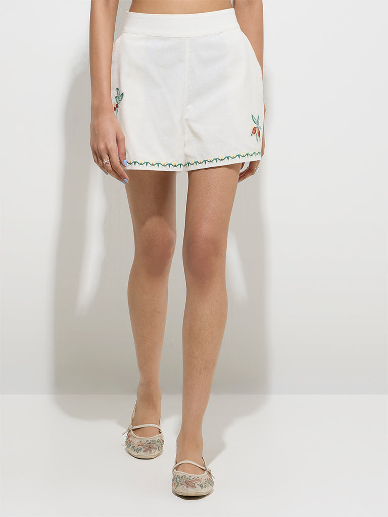Bombay Paisley Off-White Embroidered Cotton-Blend Shorts