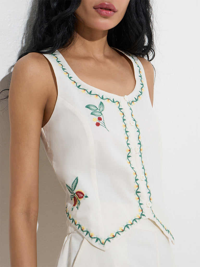 Bombay Paisley White Cotton-Blend Waistcoat-Style Top