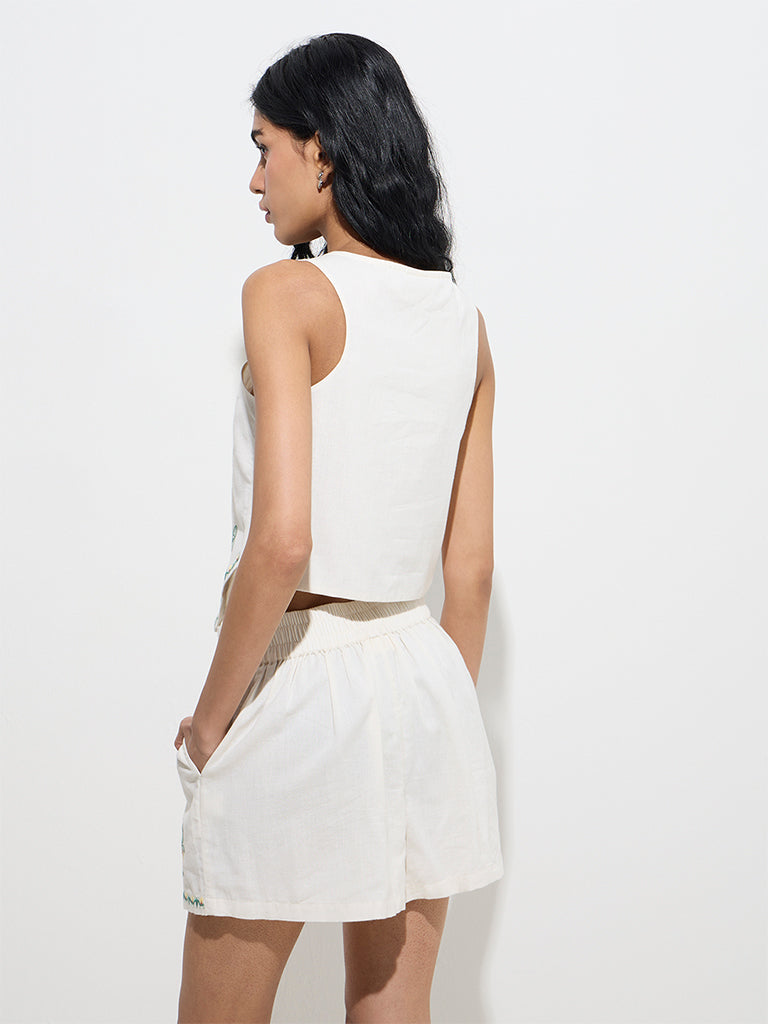 Bombay Paisley White Cotton-Blend Waistcoat-Style Top