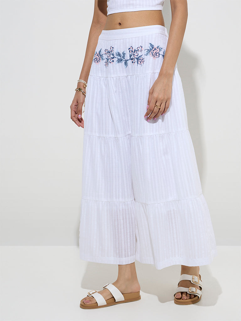 Bombay Paisley White Floral Embroidered Cotton Skirt