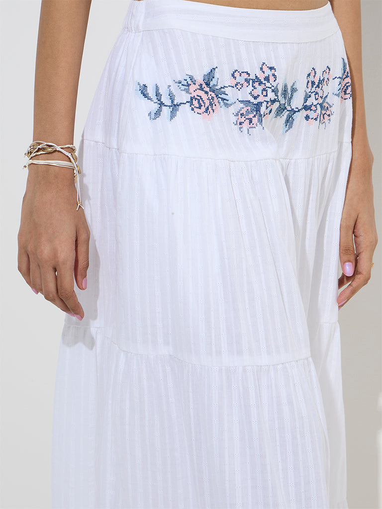 Bombay Paisley White Floral Embroidered Cotton Skirt
