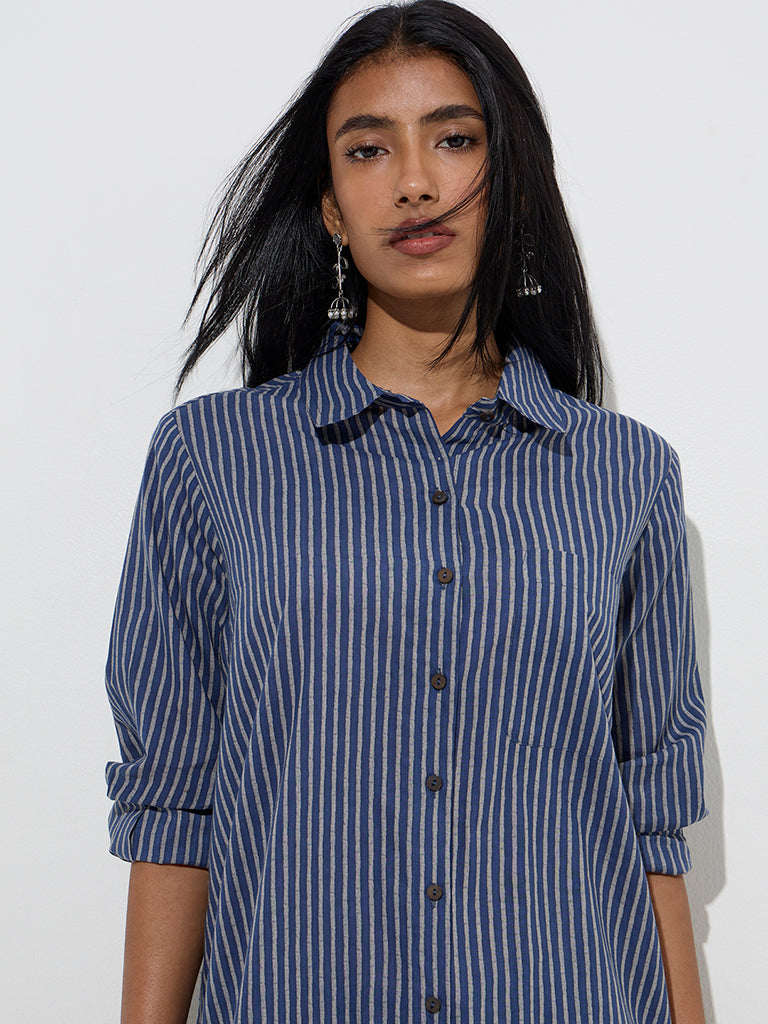 Utsa Indigo Stripe Printed Cotton A-Line Kurta