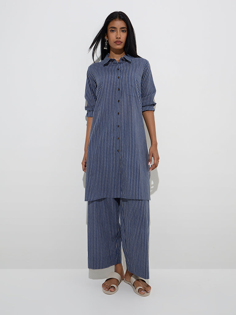 Utsa Indigo Stripe Printed Cotton A-Line Kurta