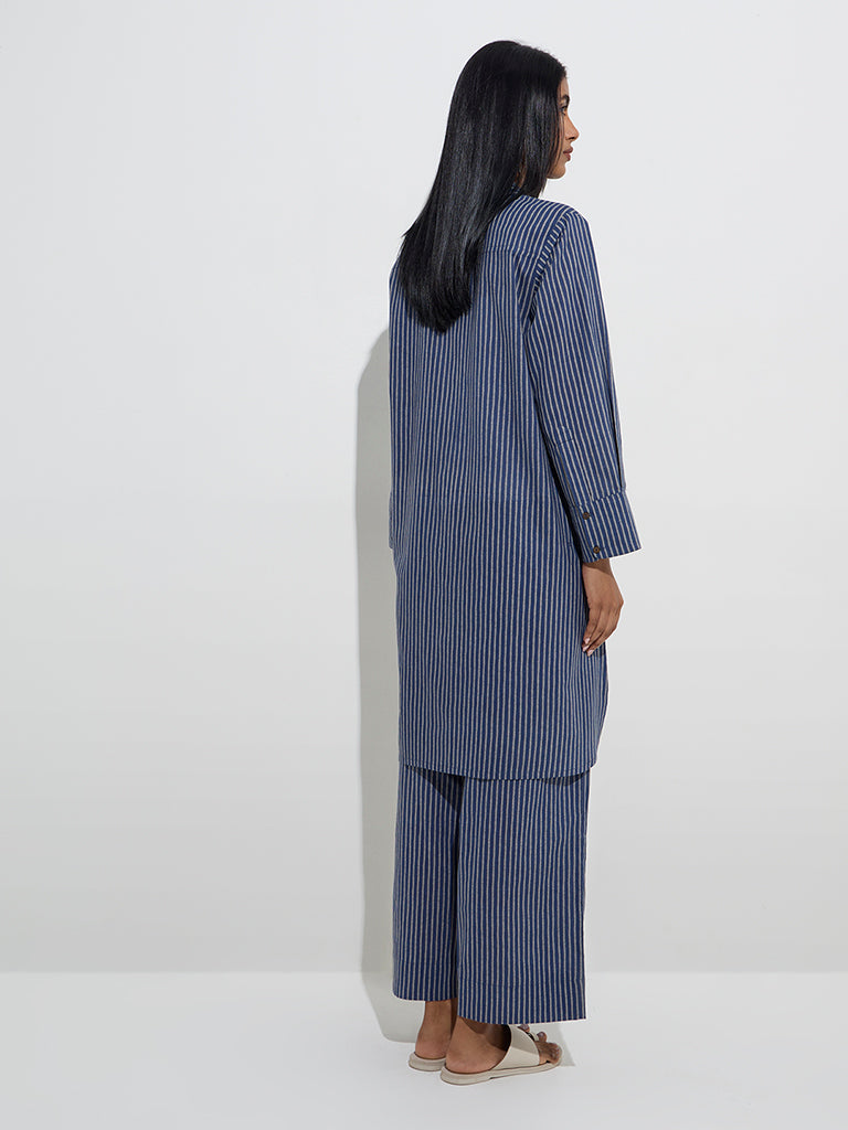 Utsa Indigo Stripe Printed Cotton A-Line Kurta