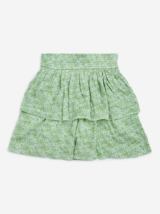 Y&F Kids Green Floral Printed High-Rise Skirt