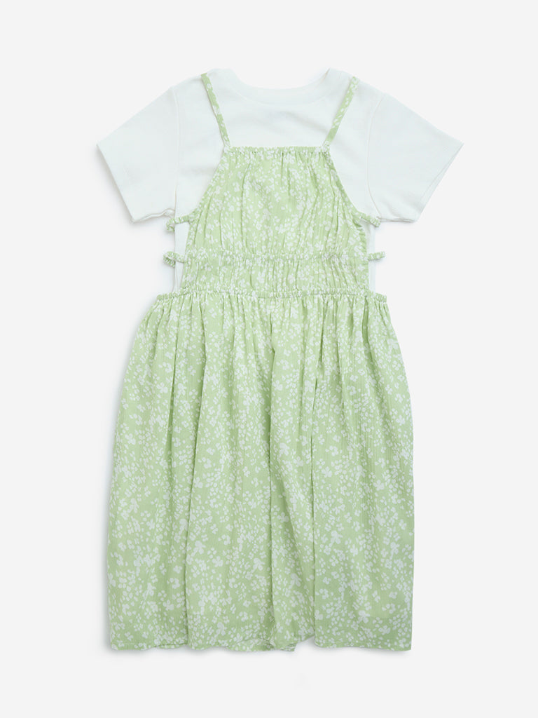 Y&F Kids Green Floral Cotton Dress with T-Shirt Set
