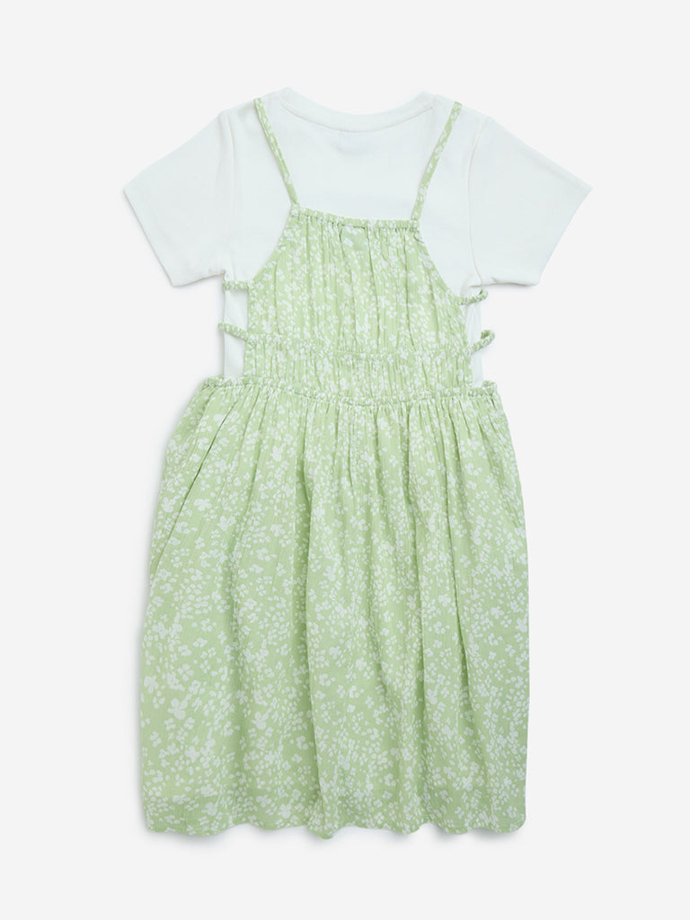 Y&F Kids Green Floral Cotton Dress with T-Shirt Set