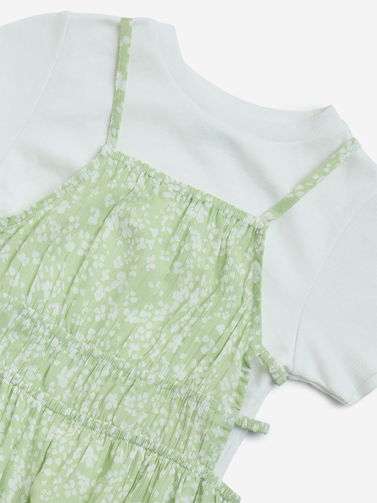 Y&F Kids Green Floral Cotton Dress with T-Shirt Set