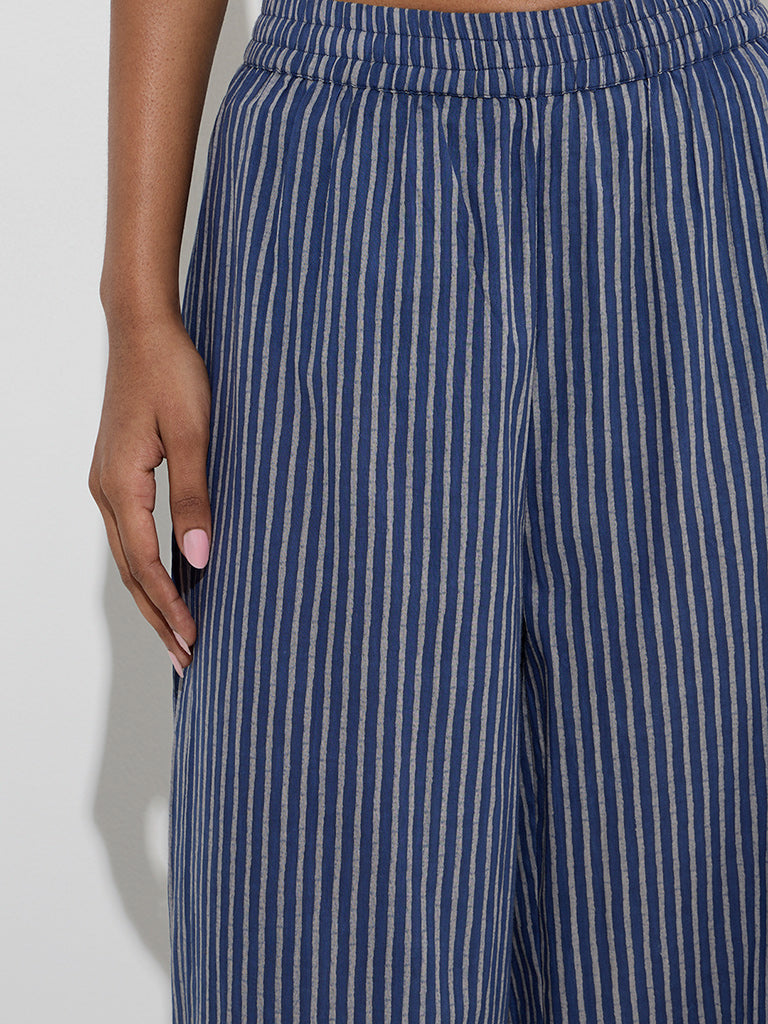 Utsa Indigo Striped Cotton Ethnic Pants