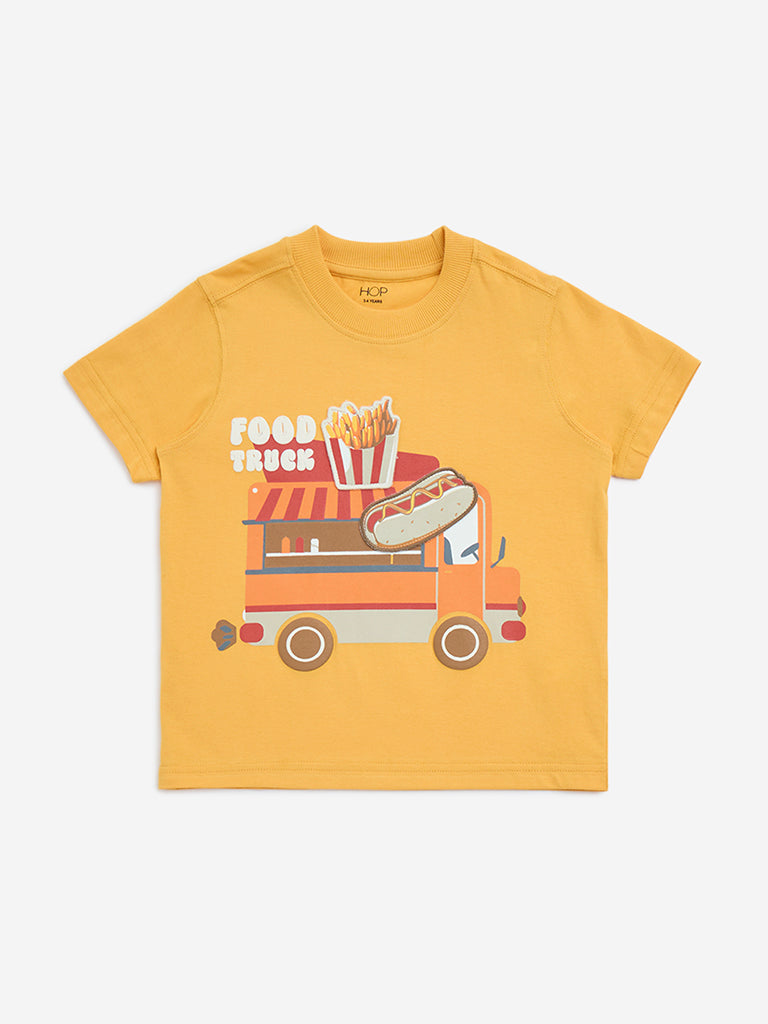 HOP Kids Orange Printed Cotton T-Shirt