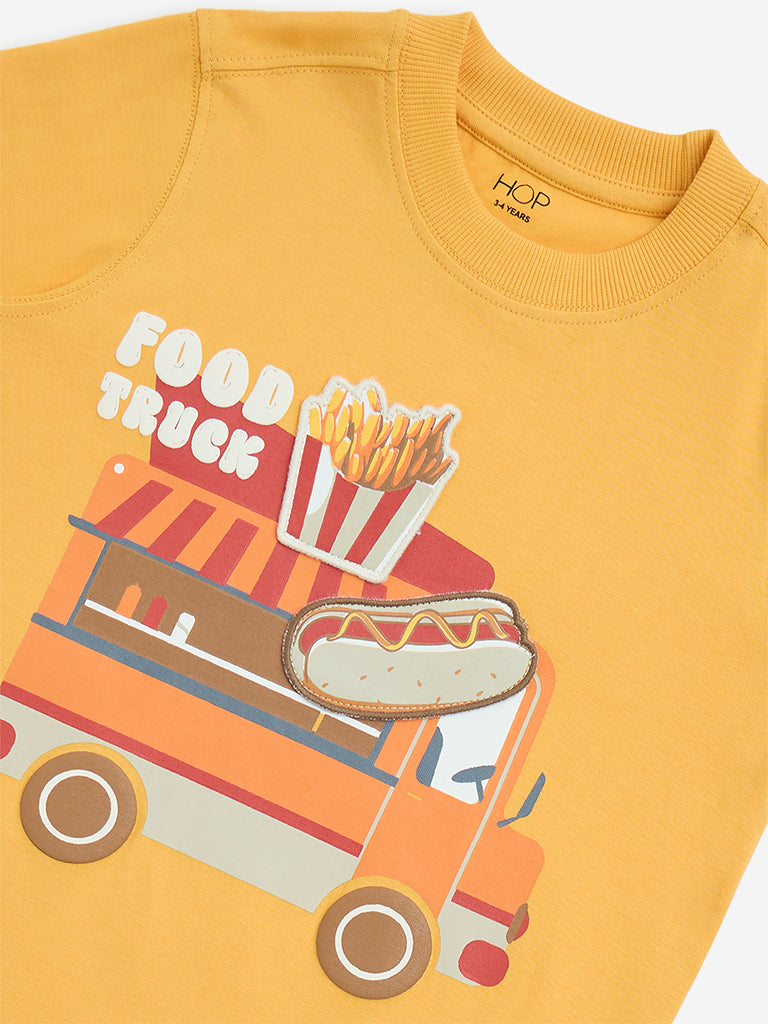 HOP Kids Orange Printed Cotton T-Shirt