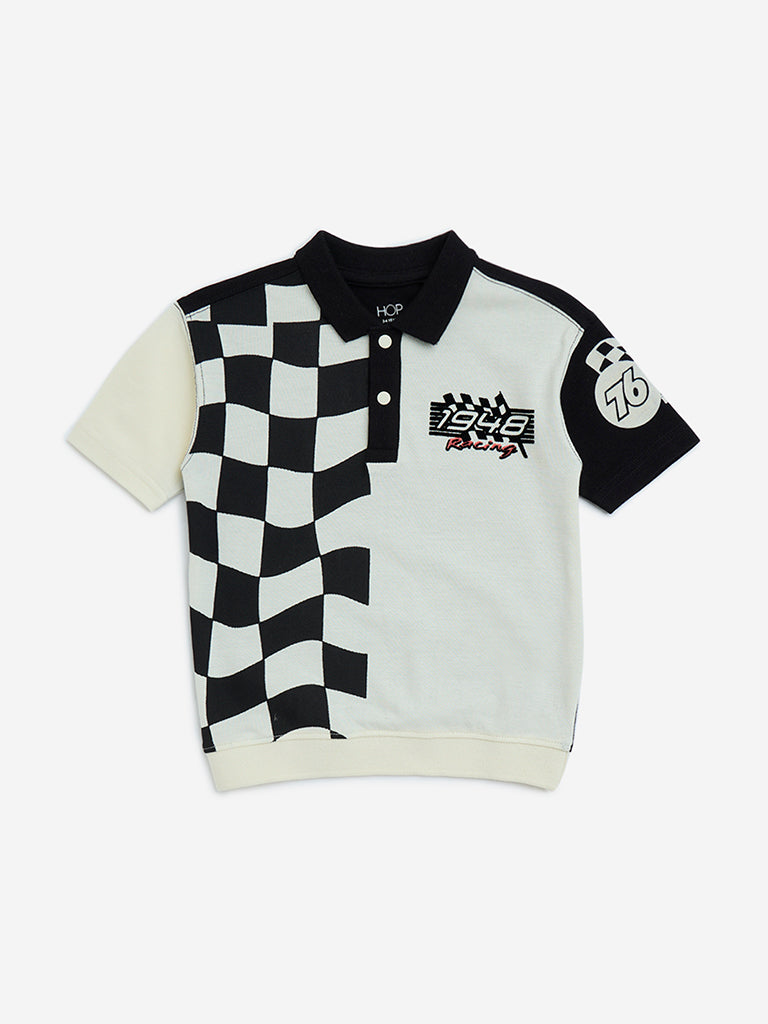 HOP Kids Black Checks Printed Cotton Polo T-Shirt
