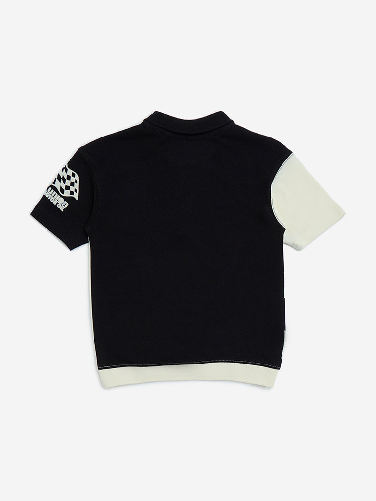HOP Kids Black Checks Printed Cotton Polo T-Shirt