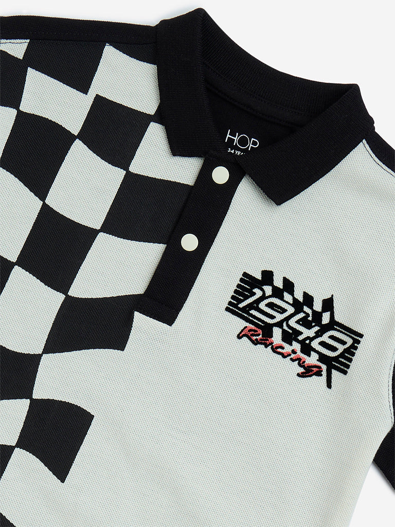 HOP Kids Black Checks Printed Cotton Polo T-Shirt