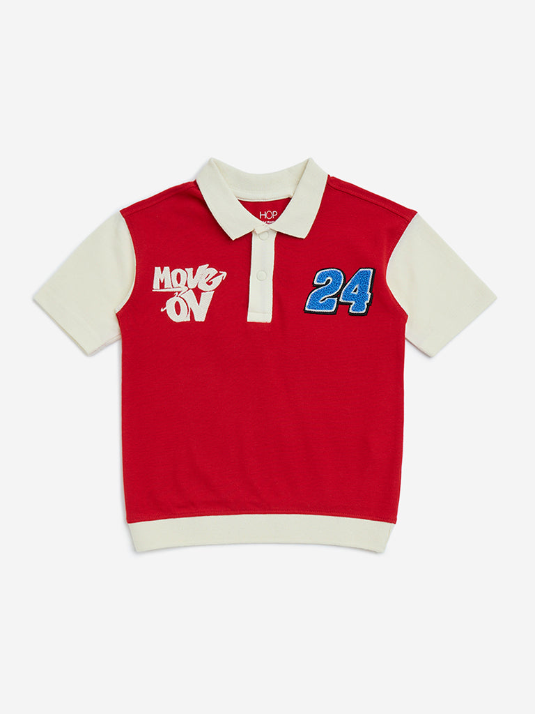 HOP Kids Red Printed Cotton Polo T-Shirt