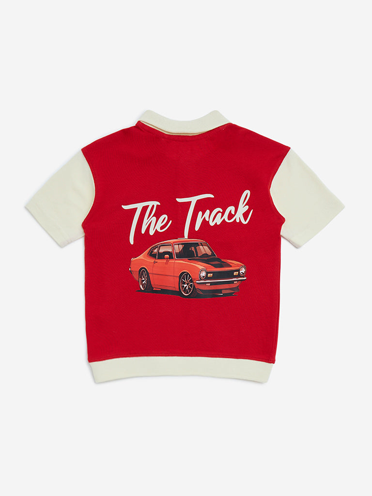 HOP Kids Red Printed Cotton Polo T-Shirt