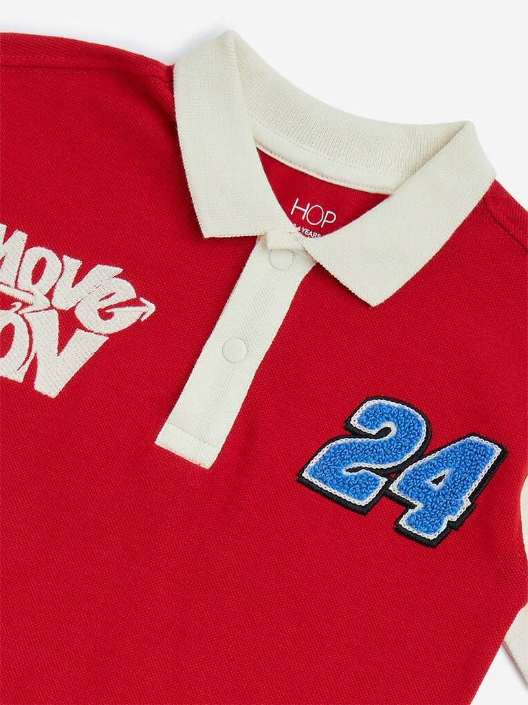 HOP Kids Red Printed Cotton Polo T-Shirt