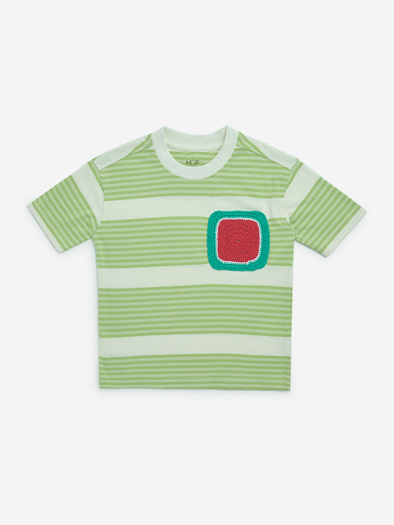 HOP Kids Lime Stripe Printed Cotton T-Shirt