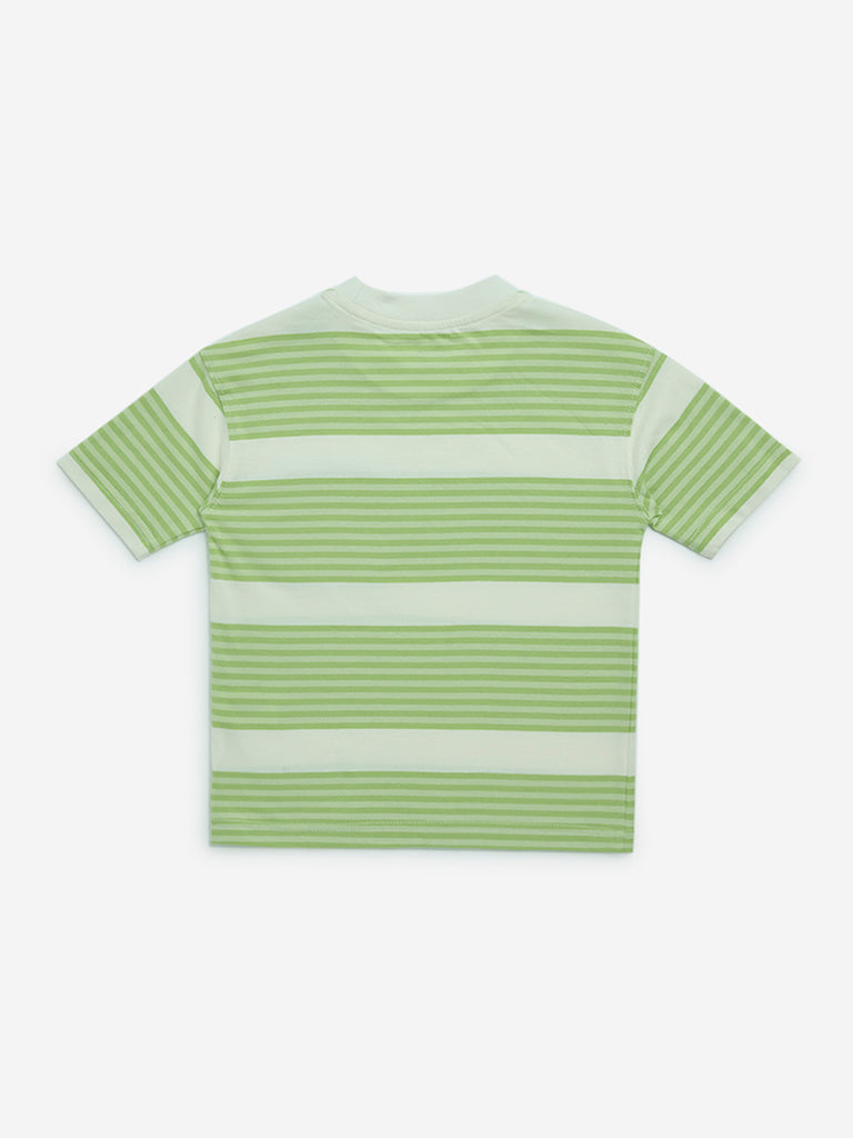 HOP Kids Lime Stripe Printed Cotton T-Shirt