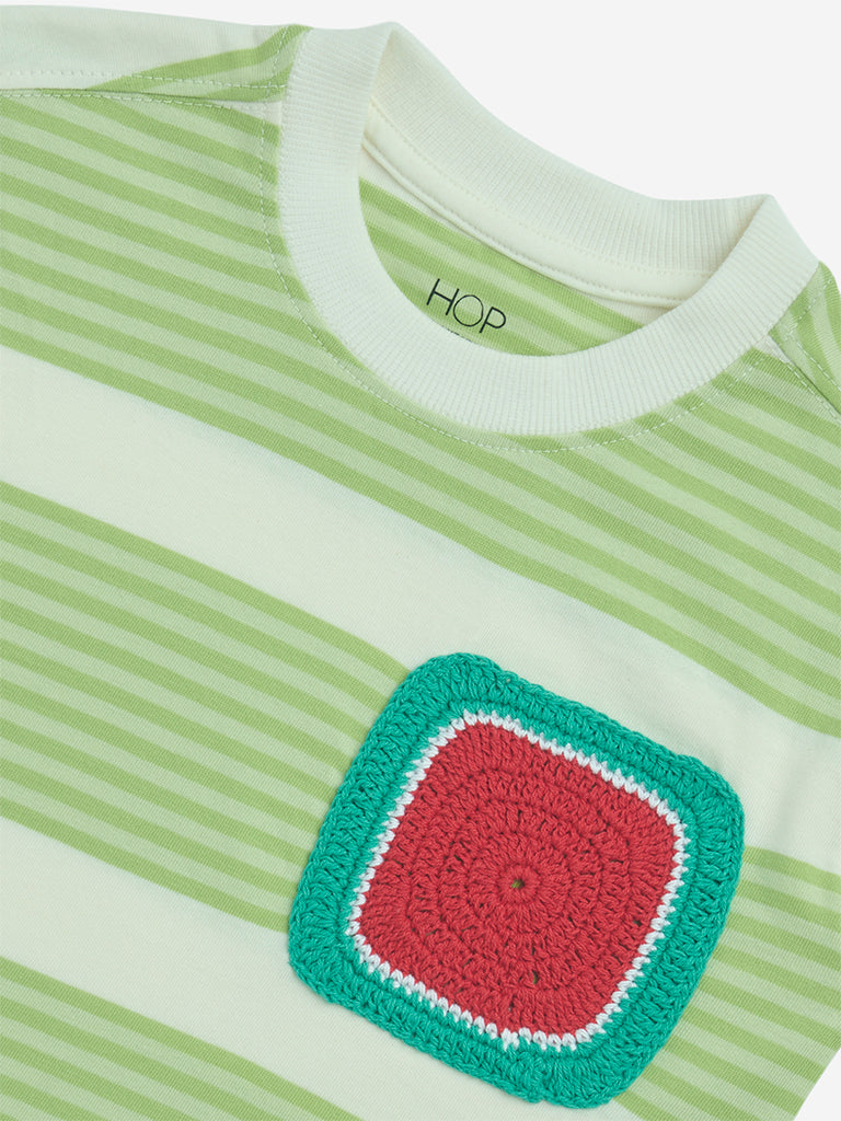HOP Kids Lime Stripe Printed Cotton T-Shirt