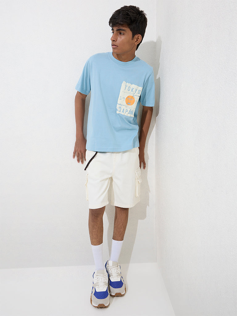 Y&F Kids Light Blue Embossed Cotton T-Shirt