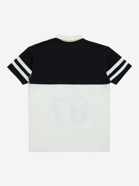 Y&F Kids Off-White Colour-Blocked Cotton Polo T-Shirt