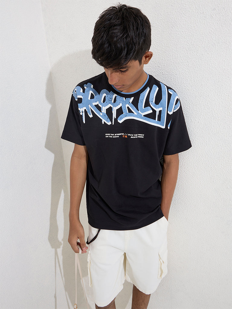 Y&F Kids Black Text Design Cotton T-Shirt