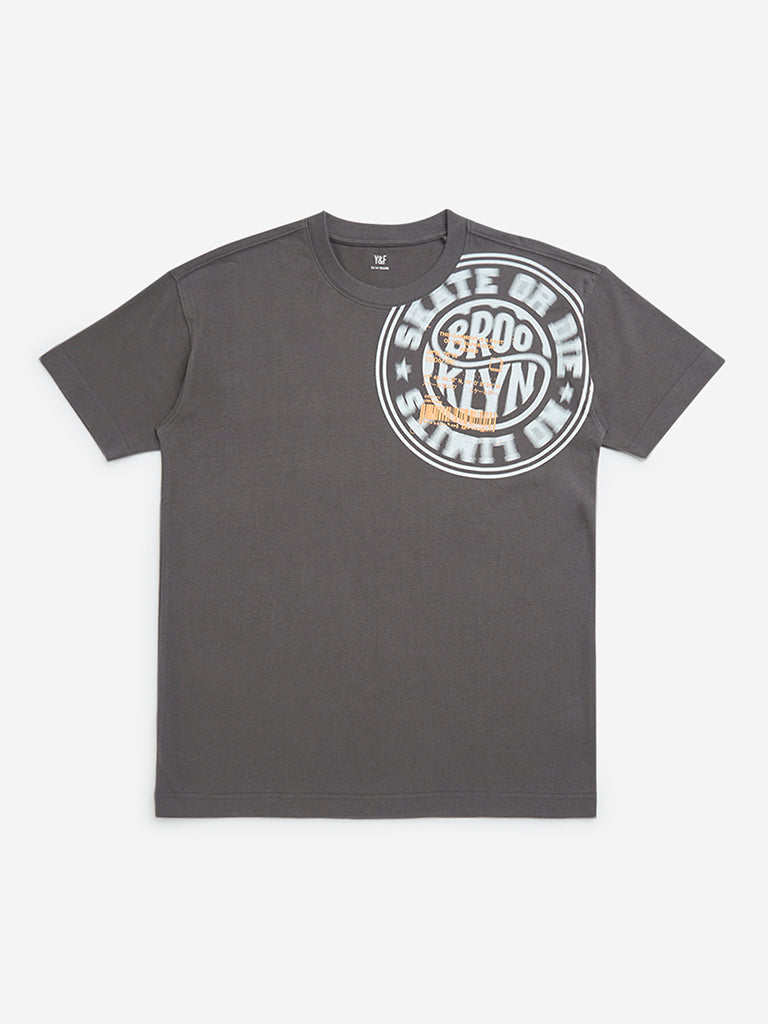 Y&F Kids Grey Text Patterned Cotton T-Shirt