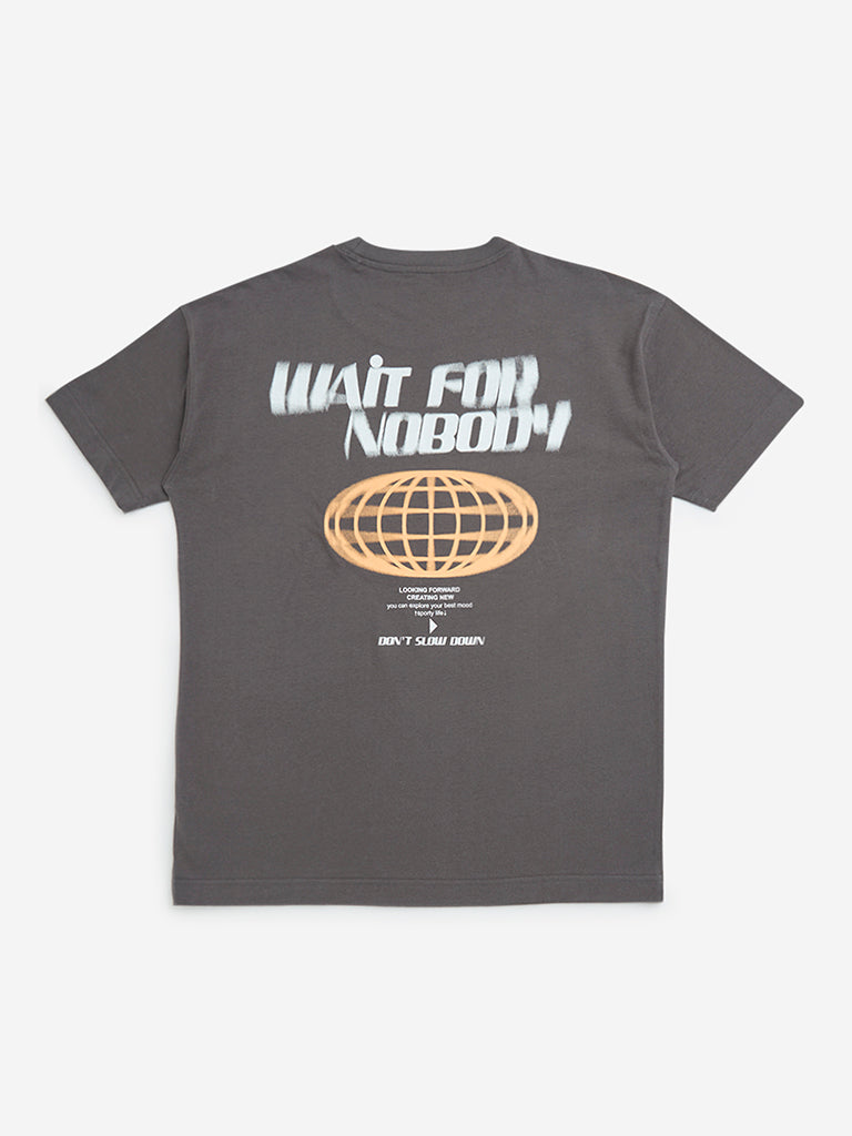 Y&F Kids Grey Text Patterned Cotton T-Shirt