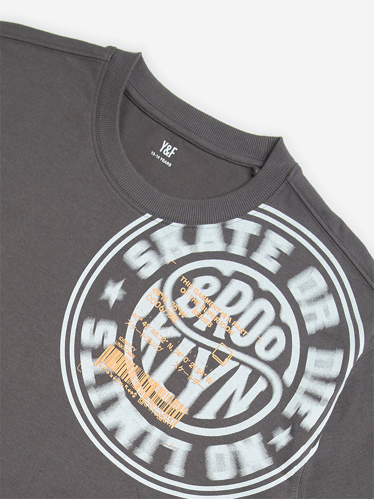 Y&F Kids Grey Text Patterned Cotton T-Shirt