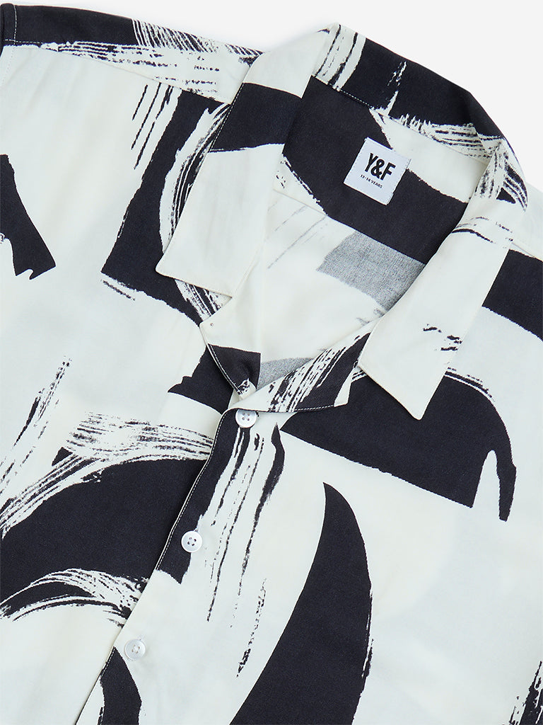 Y&F Kids White Abstract Printed Resort-Fit Shirt