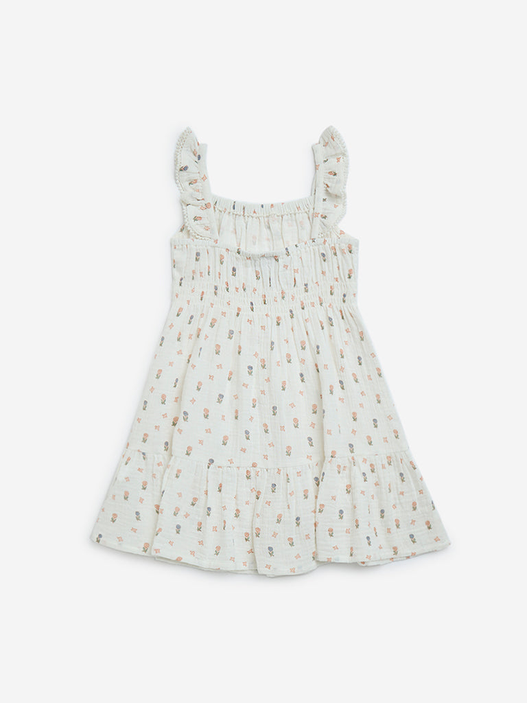 HOP Kids Beige Floral Design Tiered Cotton Dress