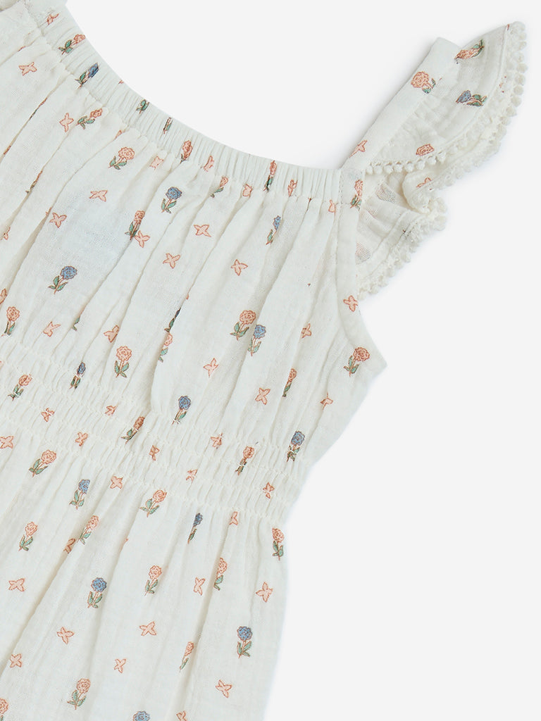 HOP Kids Beige Floral Design Tiered Cotton Dress