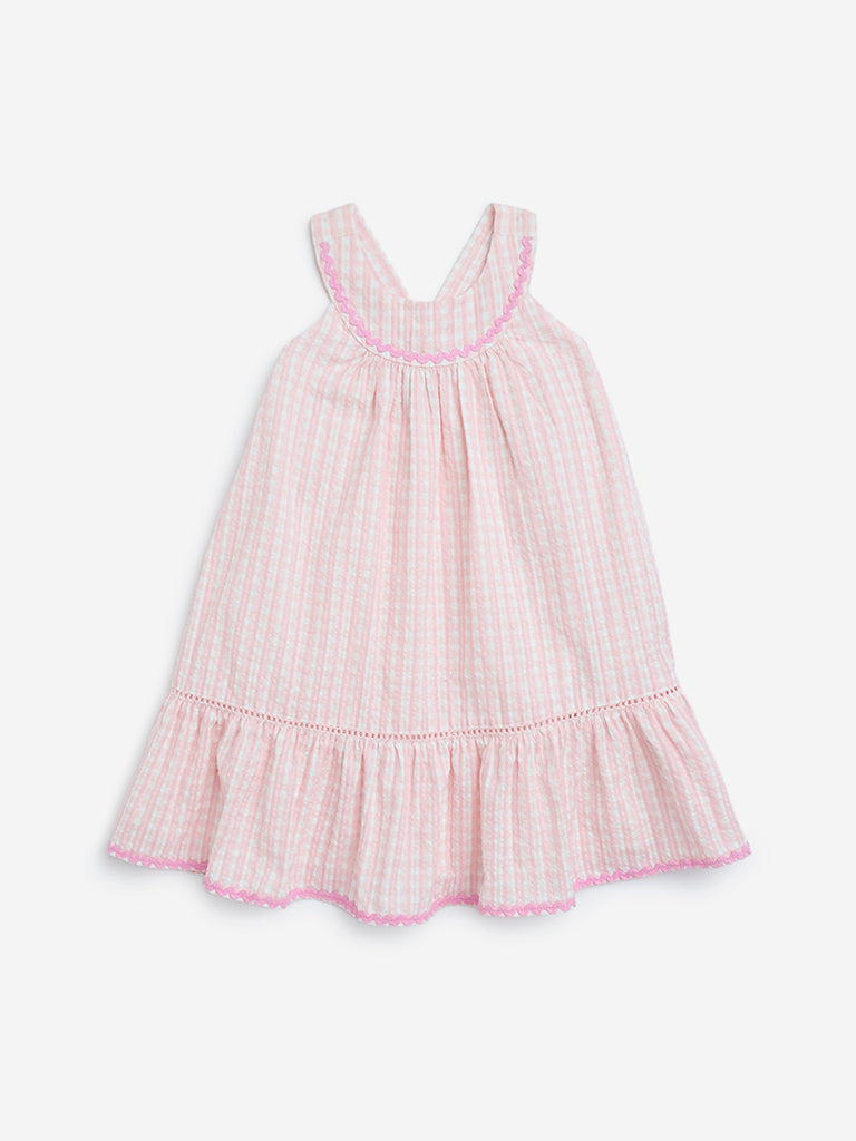 HOP Kids Pink Checkered Cotton A-Line Dress