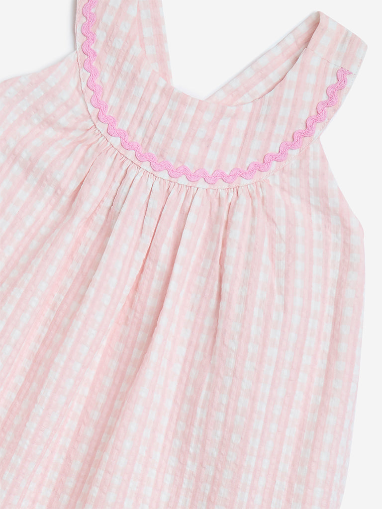 HOP Kids Pink Checkered Cotton A-Line Dress