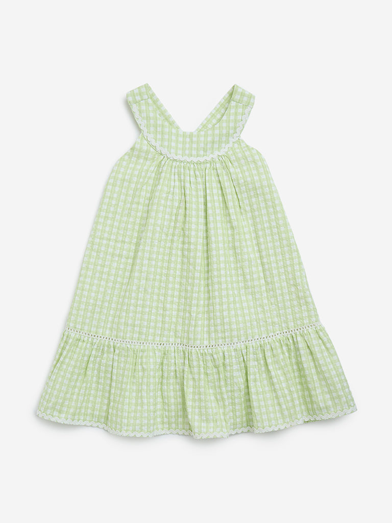 HOP Kids Lime Gingham Checkered Cotton A-Line Dress