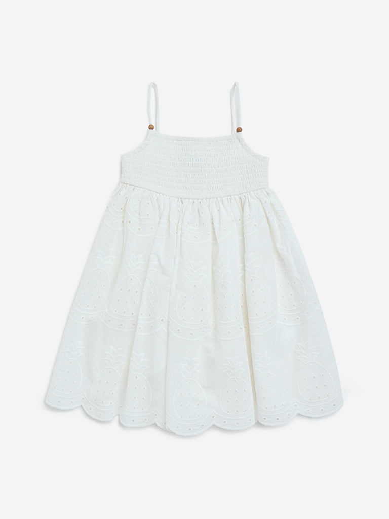 HOP Kids White Schiffli Detailed Cotton A-Line Dress
